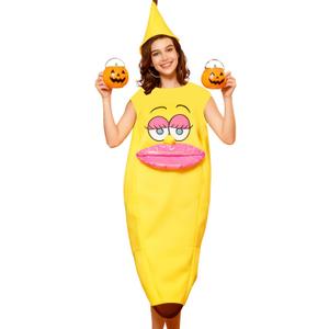 Halloween Banana Costume for Women, Big Lips Banana Onesie One Size Fruit Costume Adult, Suitable for Halloween Cosplay Party Family Events