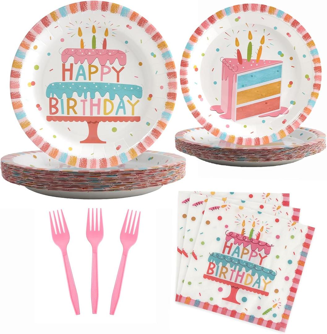 96Pcs Birthday Plates and Napkins Party Supplies, Pink Happy Birthday Cake Theme Party Paper Plates and Napkins Sets for Kids, Serve for 24 Guests, Striped Edge