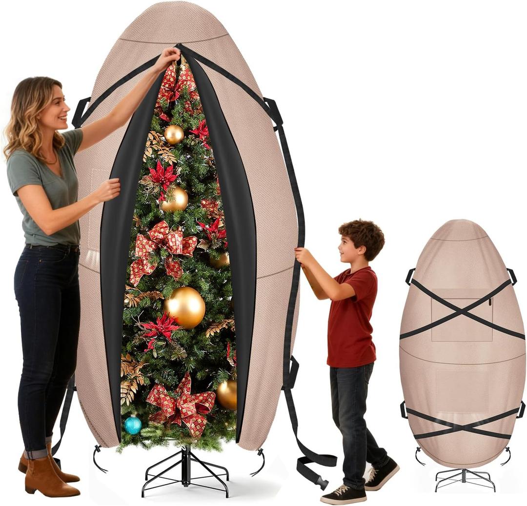 Kovshuiwe Upright Christmas Tree Storage Bag-for 4.5FT/5FT/ 6FT Christmas Trees or Topiary Trees, Holiday Christmas Tree Cover with Waterproof Zipper, 600D Oxford Durable Xmas Storage Bag(Khaki)