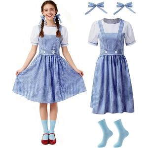 IMISHM Halloween Costumes for Women Girl Storybook Adults Character Costume Blue White Gingham Dress Hair Ribbons sock set (Large)