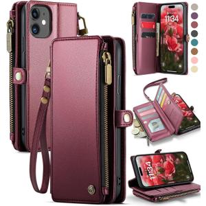 Defencase Compatible with iPhone 11 Case Wallet with RFID Blocking Card Holder for Women and Men, Fashion PU Leather Magnetic Snap Flip Zipper Strap Wallet Phone Case Fit for iPhone 11 6.1", Wine Red