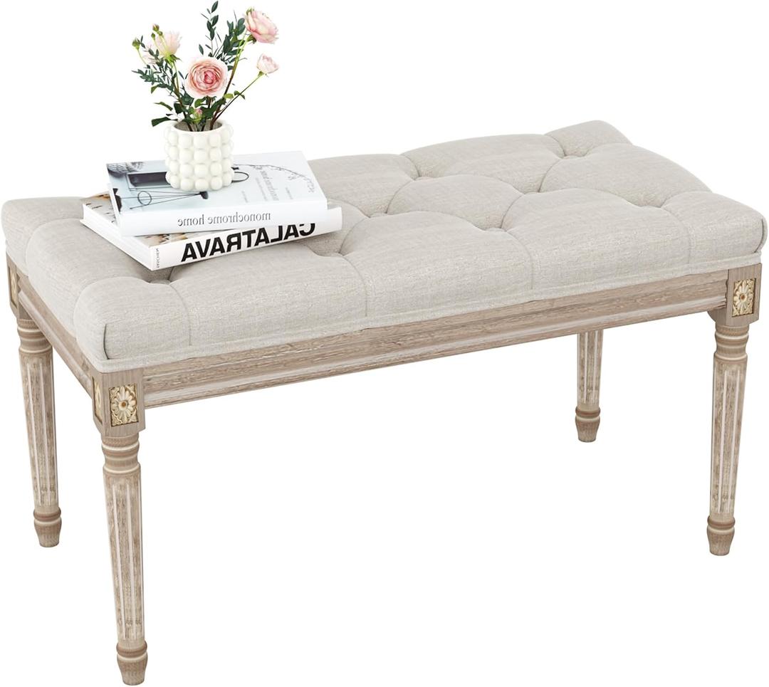 Yusong Upholstered Bench, Bedroom Bench for End of Bed, Piano Bench with Button Tufted Padded Seat for Living Room, Dining, Entryway, Shoe, Vanity Foot-Stool with Carved Wood Legs, Beige, 31.50''*15.75''*18.89''
