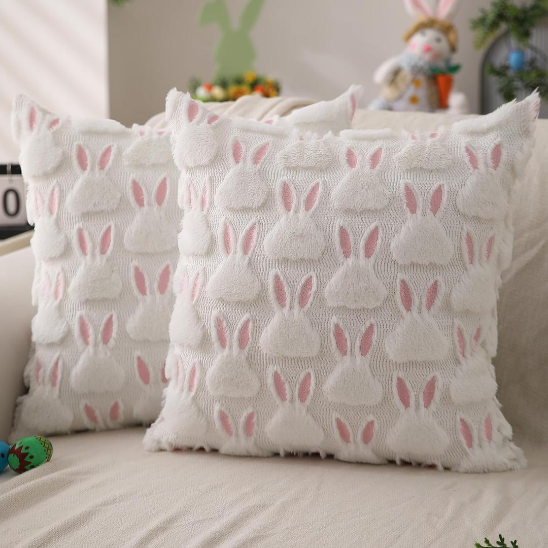 DFXSZ Easter Pillow Covers 18x18 inch Set of 2 Easter Decorations Pink Ears White Rabbit Soft Plush Faux Fur Jacquard Throw Pillows for Bedroom Sofa Holiday Festivals Home Decor FHJ-07D18 (18" x 18" (Pack of 2), White Pink)