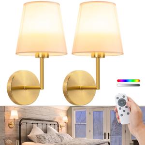 VOLISUN Battery Operated Wall Sconce Set of Two,Gold Wireless Sconces with Romote and Rechargeable Bulbs,9 Colors Indoor Wireless Wall Lights for Bedroom Living Room Hallway (14 inch)