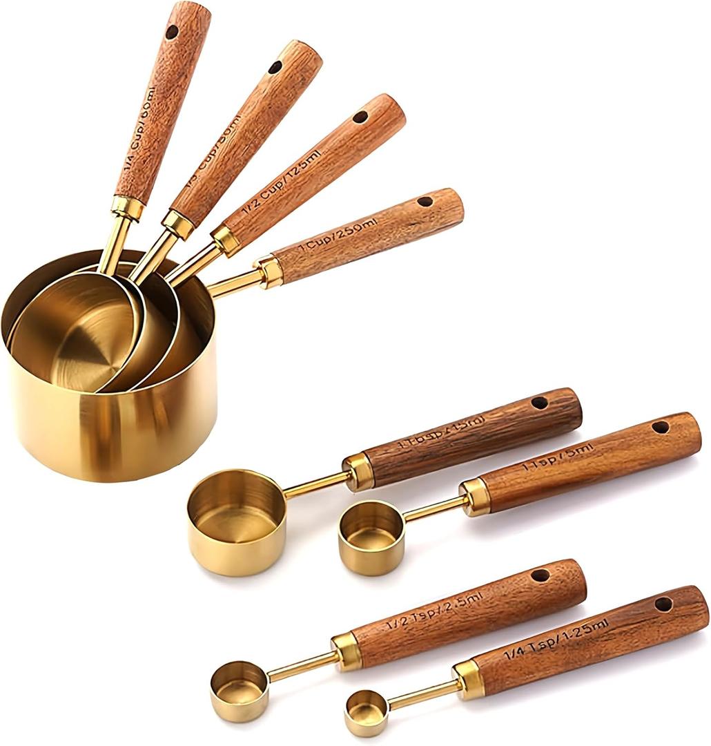 Copper Measuring Cups and Spoon Set of 8, Stackable Kitchen Measure Tool with Handle, Metric Cups and Spoons Measuring Set for Cooking Baking