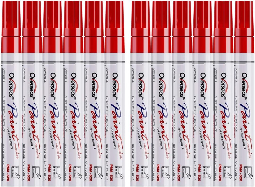 Lesun Red Paint Pens Markers - 12 Pack Waterproof Oil-Based Paint Pen Set Quick Dry Permanent Markers for Metal, Rock Painting, Stone, Ceramic, Wood, Fabric, Plastic, Canvas, Glass, Mugs, Tires