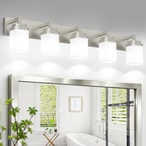 Brushed Nickel Bathroom Light Fixtures, Modern Vanity Lights with White Glass Lamp Shade, Bathroom Lighting Fixtures Over Mirror, Restroom Vanity Lighting Fixture, 5-Light 36 Inch