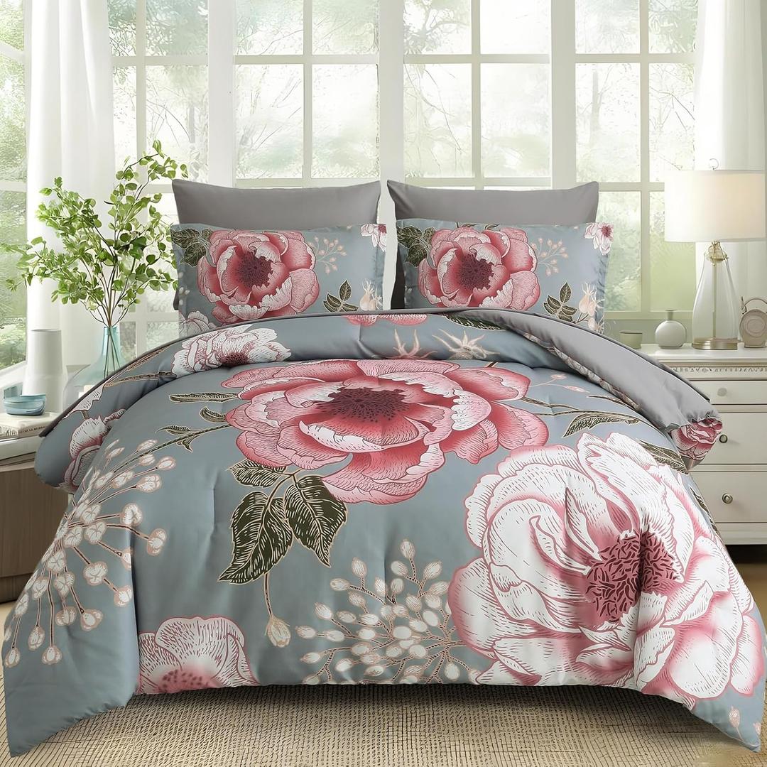 Luxudecor Floral Comforter Set King Size 7 Pieces Bed in a Bag,Pink Flower Print on Gray Bedding Set,Soft Microfiber Bedding Set for All Season (Gray,104"x90")