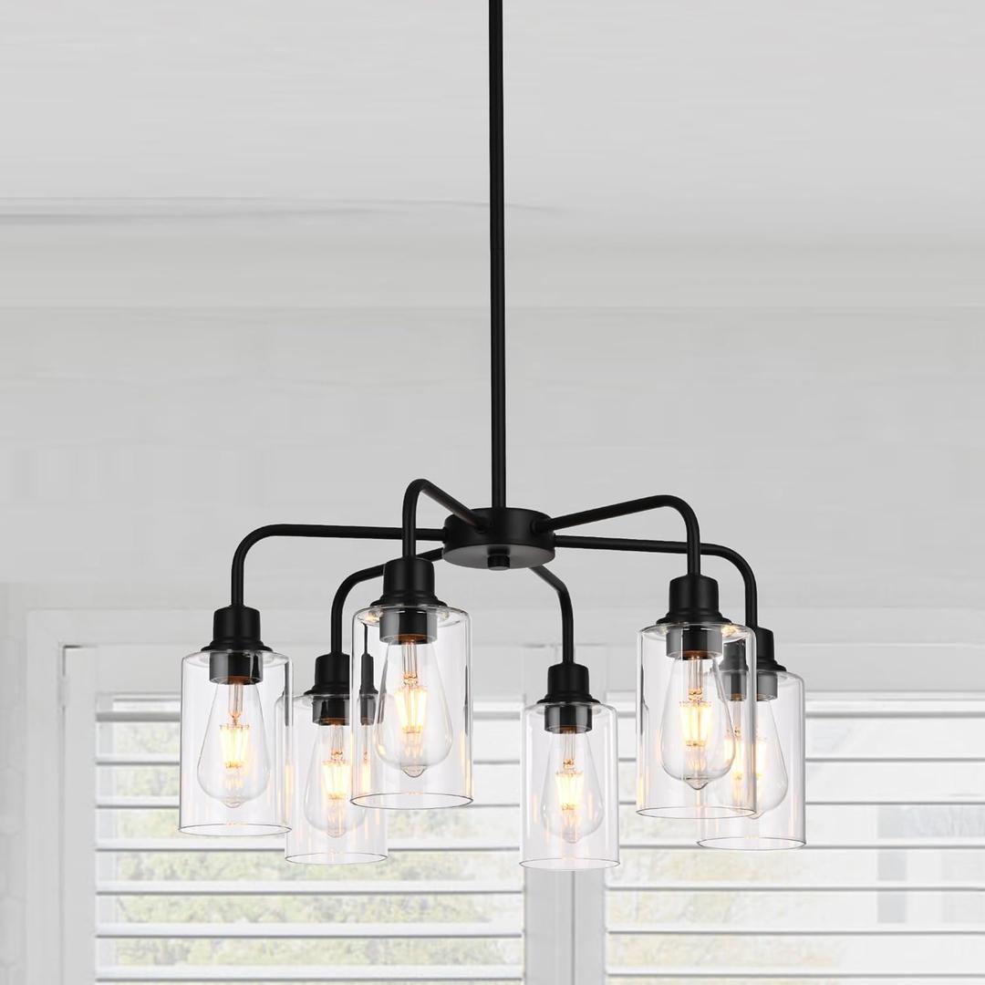 Black Chandelier | 6 Lights Farmhouse Chandeliers for Dining Room Light Fixtures Over Table | Hallway Lighting with Clear Glass Shade for Living Room | Kitchen | Entryway | Bedroom | Bathroom