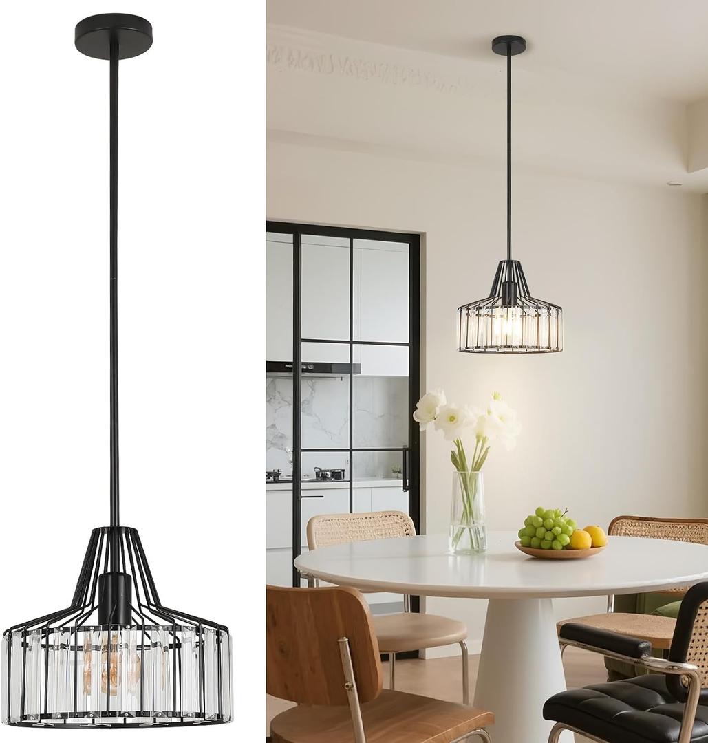 Modern Crystal Pendant Light Fixture, Adjustable Height Hanging Lamp with Metal Base & Crystal Shade, E26 Socket, 60W Max, Hardwired for Kitchen Island, Dining Room, Living Room.