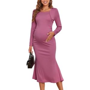2025 Fall Maternity Dress Faux Two-Piece Long Sleeve Square Neck Mermaid Bodycon Pregnancy Dresses Casual Baby Shower (Pink, S)