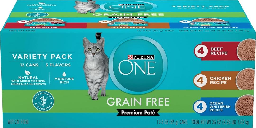 Purina ONE Grain Free Pate Wet Cat Food Variety Pack, 24 Pack 3 oz Cans Grain free, beef, chicken, and whitefish pate recipes made with no artificial colors, flavors or preservatives for adult cats, BBD 03/2028