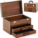 Weysat 14 Inch Mini Wooden Tool Box with 2 Drawers and Top Storage, Portable Small Tool Chest with PVC Liners, Mini Tool Storage Box Organizer Makeup Box with Metal Latch Closure