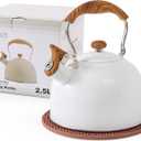 LONFFERY Tea Kettle, 2.5 Quart Whistling Tea Kettle, Tea Pots for Stove Top Food Grade Stainless Steel with Wood Pattern Folding Handle - White