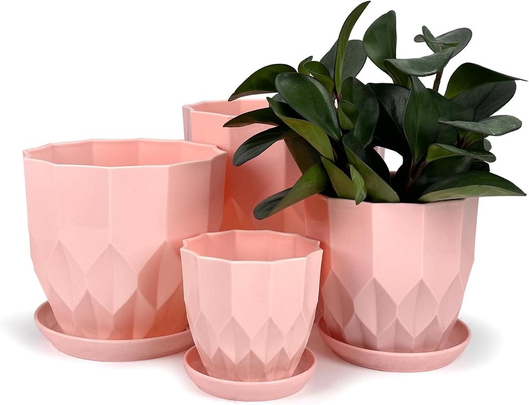 Plastic Flower Pots, 8.3/7.1/5.9/4.3 inch Nursery Plant Pot with Drainage Holes and Hole Mesh Pad and Saucers Tray for Indoor Garden Plants, Succulent, Orchid and Cactus,Pink, White