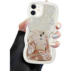 Jusy Compatible with iPhone 12/12 Pro Case with Wavy Edge, Cute White Butterfly Mirror Curly Phone Cases, Shockproof Hard PC & Soft TPU Bumper Protection Cover for Women Girls-Butterfly