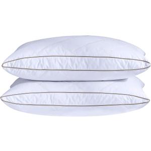 puredown Natural Goose Down Feather Pillows for Sleeping Oval Gusseted Feather Down Pillow 100% Cotton Pillow Cover with Leaf Quilting Standard Set of 2