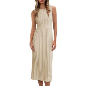 Danedvi Women's Knit Midi Tank Dress Sleeveless Ribbed Crew Neck Fall Bodycon Casual Basic Going Out Dresses (Beige), Size Small