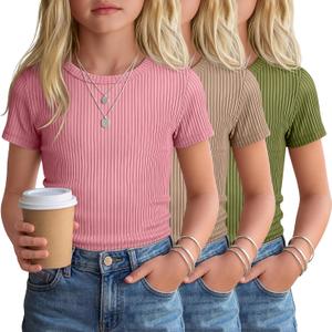 3 Pack Girls Short Sleeve Slim Fit Tops | Cotton, Tight, Ribbed Knit, Crewneck, Round Neck, Cute, Casual, Basic Tees, Solid, Plain, Summer, Versatile, Comfortable