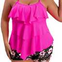 B2prity Women Plus Size Tankini Swimsuits Tummy Control Two Piece Bathing Suit Ruffled Flounce Swimwear with Shorts, (Hot Pink), Size 18W