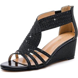 Women Wedge Sandals Sparkly Rhinestone Open Toe Fashion Dressy Sandals Evening Wedding Prom Shoes (Black, S)