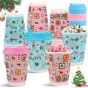 50 Pcs Christmas Disposable Coffee Hot Drink Cups, 12 Oz Xmas Winter Insulated Corrugated Ripple Wall Pink Blue Paper Cups with Pink Blue Lids for Christmas Party Home Office Decoration Supplies