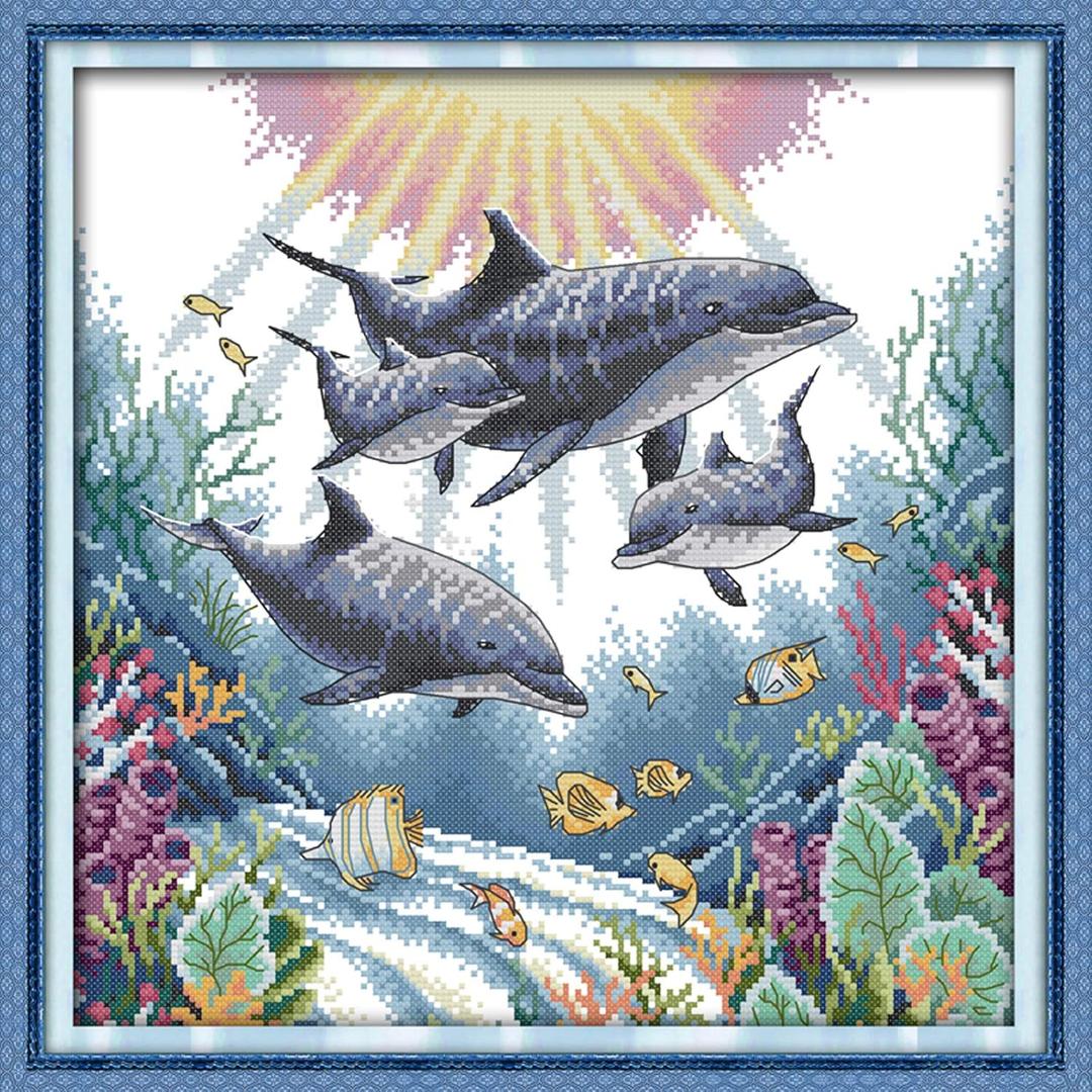 Cross Stitch Stamped Kits Pre-Printed Cross-Stitching Starter Patterns for Beginner Kids or Adults, Embroidery Needlepoint Kits (Dolphin 17.717.7 inch)