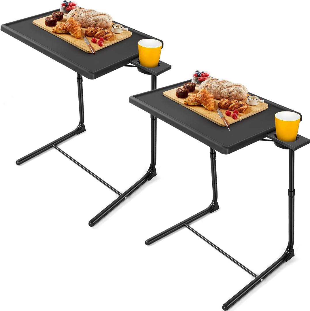 LORYERGO Multifunctional TV Tray Table - [2 Packs] Adjustable TV Dinner Tray Tables with 6 Height & 3 Tilt Angle, Folding TV Trays with Cup Holder for Bed & Sofa, for Eating & Reading