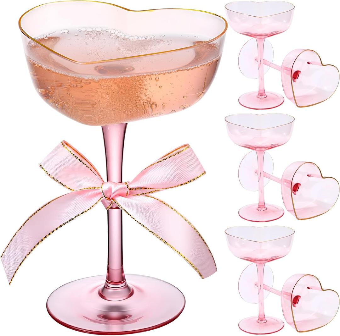 Pink Coupe Glasses Set of 6, Heart Shaped Martini Glasses with Golden Rim Fancy Cocktail Glassware Champagne Flutes for Valentine's Day Wedding Galantines Day