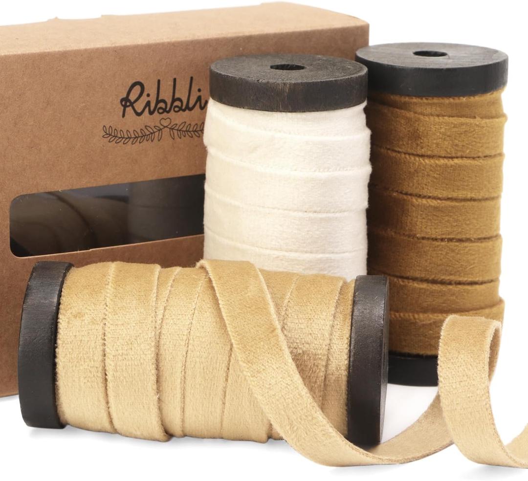Ribbli Champagne White Gold Velvet Ribbon 3 Rolls Double Faced 3/8 Inch 18-Yard with Wooden Spool Use for Christmas Tree Ornaments Gift Wrapping Wreath Decoration Wedding Boutonnieres