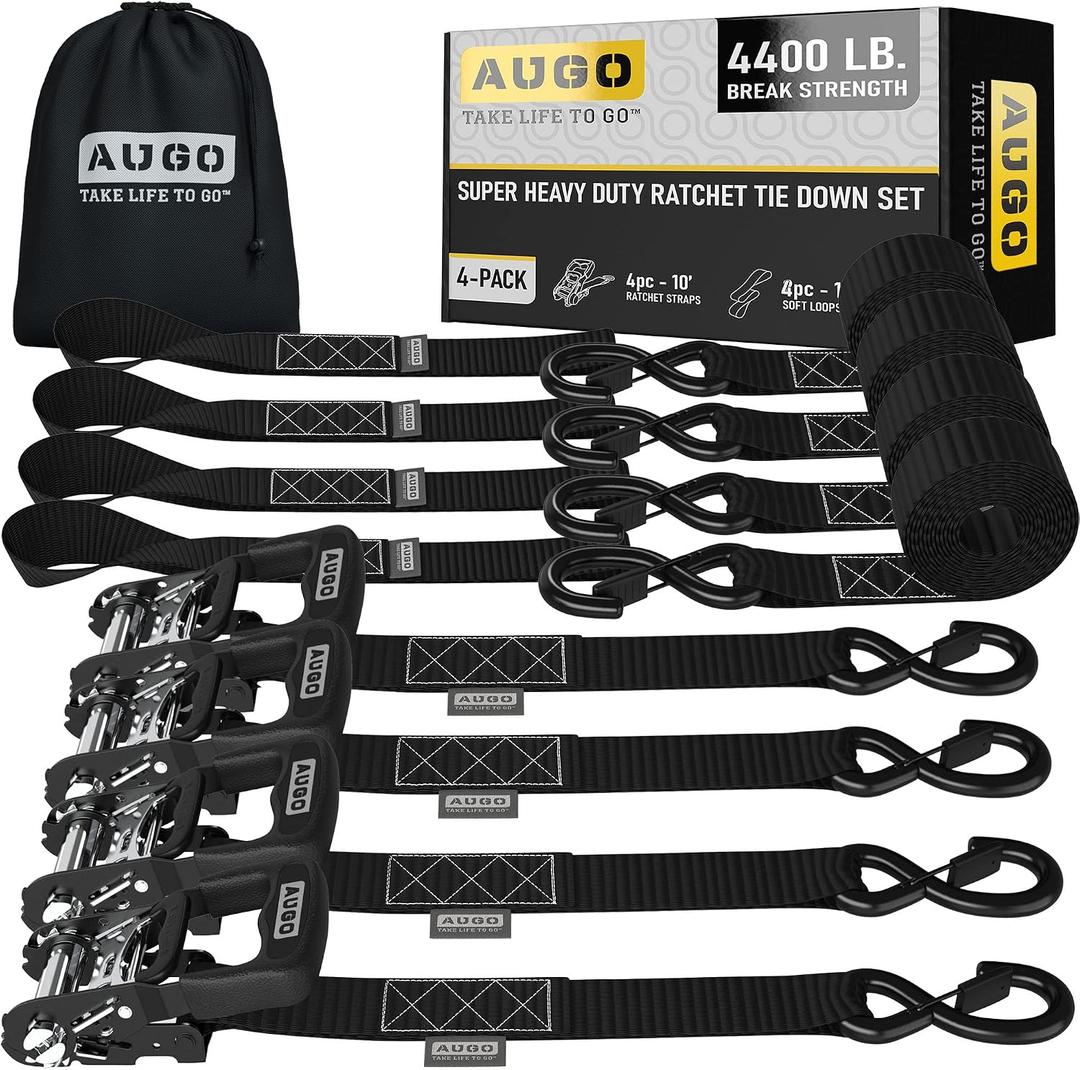 AUGO Heavy Duty Ratchet Straps & Soft Loops Pack of 4 Extra Strong 1.5 by 10 Ratchet Straps w/S-Hook Safety Latches & 4 Soft Loop Tie Downs 4400Lb Break Strength for Motorcycles, ATVs, Etc.