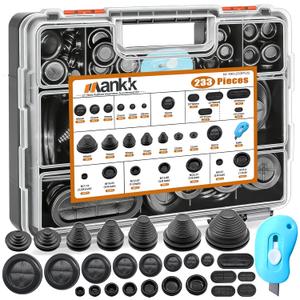 Mankk 233PCS Rubber Grommet Kit 27 Sizes (7/25"-2-3/8") Tower/Oval/Round Firewall Grommet Wire Grommet Double Sided Rubber Hole Plug with Knife for Wire Protection