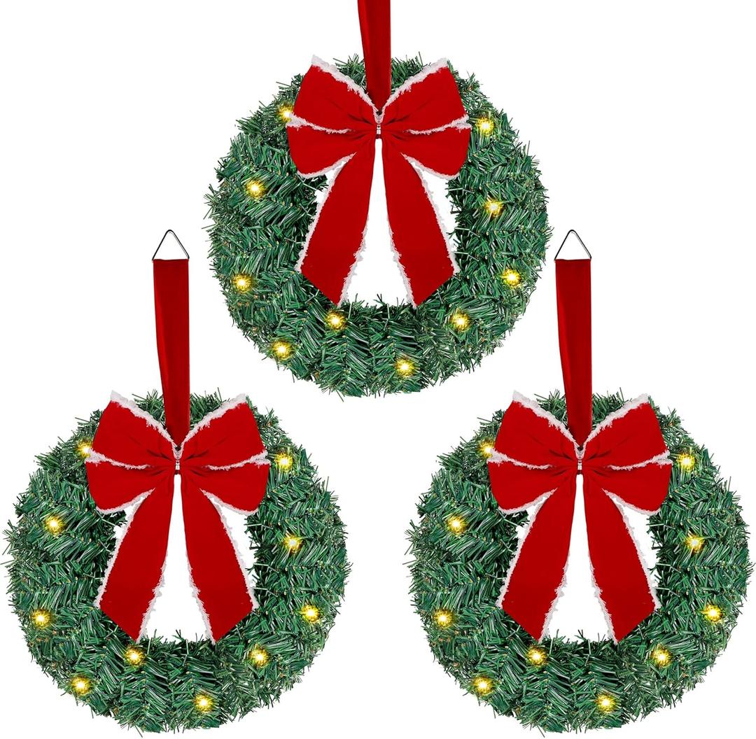 ATDAWN 3 Pack Mini Christmas Wreath, Lighted Christmas Front Door Wreath, Xmas Wreath for Holiday Christmas Party Decorations (Red Bow)