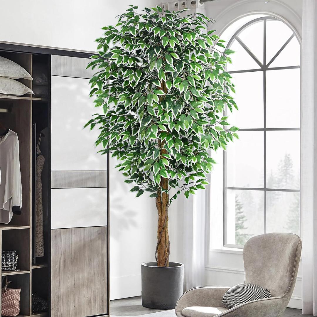 7ft Large Ficus Artificial Trees with Natural Curved Trunks, 84" Tall Lush Faux Tree for Home Decor Indoor, Green Lifelike Fake Ficus Tree 1pcs