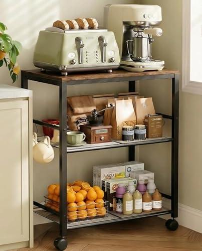 Tujurich Kitchen Rolling Cart, Microwave Stand with Lockable Wheels, 3-Tier Mobile Utility Cart, Multifunctional Organizer Table Island for Kitchen, Office, Coffee Bar, Balcony, 23.6" x 15.7" x 27.6"