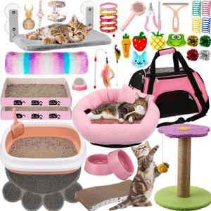 40 Pcs Kitten Starter Kit - Indoor Cat Supplies, Includes Litter Box, Toys, Collars, Bed, Scratch Pad, Nail File, Feed Bowls (Pink)