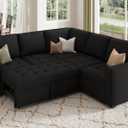 HONBAY Modular Sectional Sleeper Sofa with Pull Out Bed, Velvet Convertible L Shaped Couch with Storage Seat, Sectional Couches for Living Room, Black