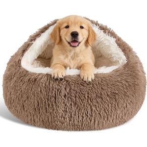 Calming Dog Beds & Cat Cave Bed with Hooded Cover,Removable Washable Round Beds for Small Medium Pets,AntiSlip Faux Fur Fluffy Coved Bed for Improved Sleep,Fits up to 15/25 lbs(Khaki,M)