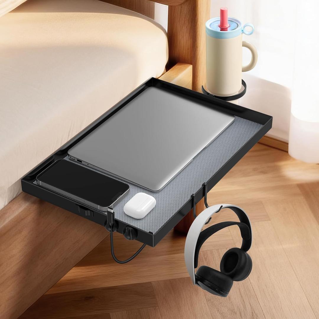 Number-one Bedside Shelf Metal, Clip-On Metal Bed Shelf for College Dormitory Loft Nightstand Organizer Tray with Cup Holder Data Cable Clip Hook for Bunk & Loft Beds Dorm Room Essentials for Boy Girl
