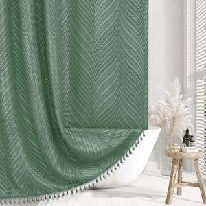 Siiluminisoy Extra Long Green Boho Shower Curtain, 72 x 84 Tufted Leaves Textured Striped Modern Farmhouse Minimalist Cloth Shower Curtain for Bathroom
