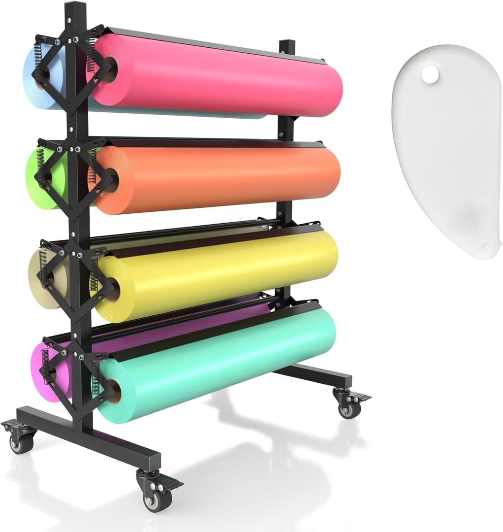 Paper Roll Dispenser Rack with Cutter, 8-Roll Butcher Craft Paper Holder, Gift Wrap & Art Kraft Rolls, Mobile Rolling Organizer with Ceramic Blade for Classrooms, Studios & Retail Stores, 38" x53" x 21 1/2"