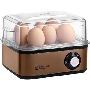 Annie & Mia Design Stainless Steel Electric Rapid Egg Cooker, 8 Egg Capacity 500W, Soft/Medium/Hard Boiled Egg Boiler Poacher Steamer Omelet Maker, Knob Auto Shut-Off, with Recipe Guide Book (Gold)