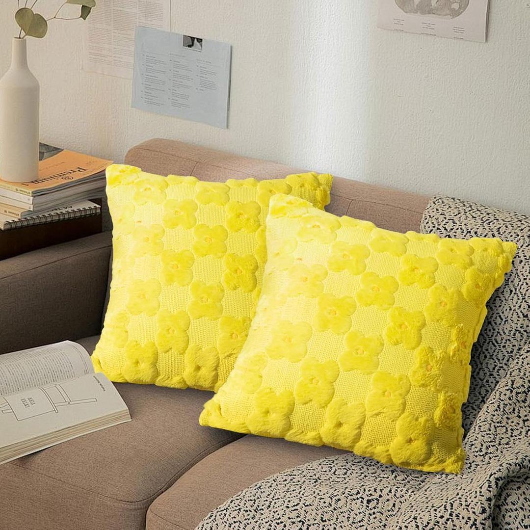 Spring Summer Pillow Covers 18x18 inch Set of 2 Farmhouse Decor White Flower Heart Daisy Soft Plush Faux Fur Jacquard Throw Pillows for Bedroom Sofa Holiday Spring Summer Home Decor
