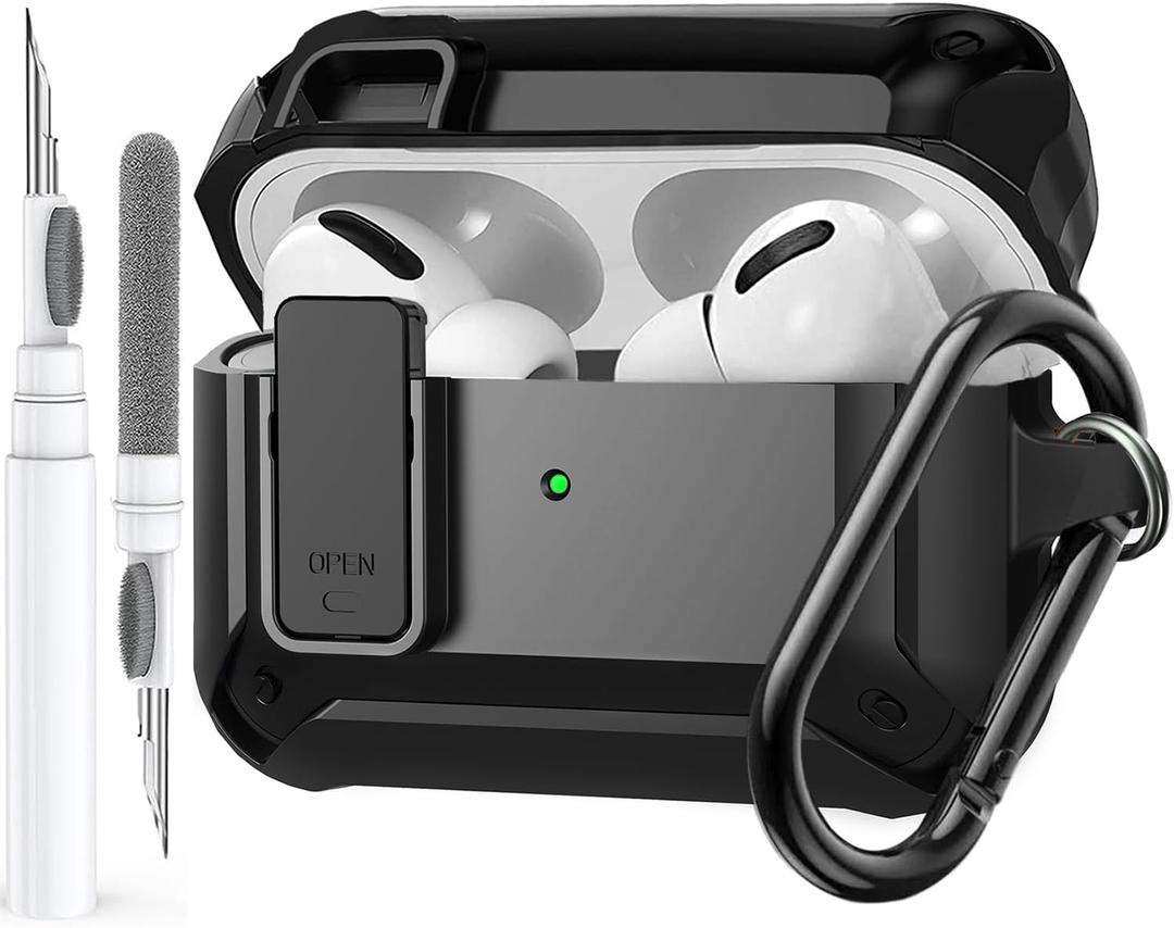 for Airpods Pro 2/1 Gen Case Cover with Lock (2019/2022/2023), Rugged Locking Case for Airpod Pro 2nd/1st Generation Shockproof Armor Protective Skin for Apple iPod Pro - Black