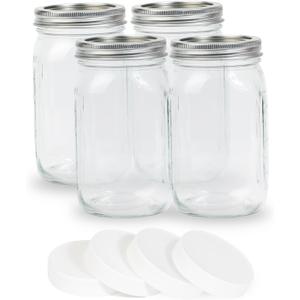 4 Pcs 32 oz Clear Wide Mouth Mason Jars with Airtight Lids and White Plastic Lids, Canning Jars for Overnight Oats, Food Storage and More