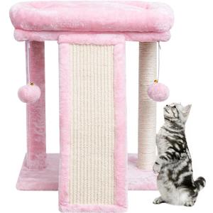 SYANDLVY Small Cat Tree with Scratching Board, Cat Scratching Post for Adults, Cat Scratcher for Indoor Cats, 2 Dangling Balls Great for Kittens (Pink)