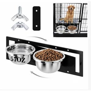 LemonRoad 2 Pcs 57oz Stainless Steel Dog Kennel Swivel Feeder Bowls with Swivel Gate Mountable Dog Feeding Station(23.6" X7") for Large Medium Dogs Feeding Cages Crate Outdoor Kennel
