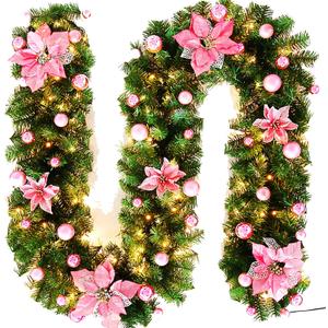 Christmas Garland - 8.8ft Christmas Rattan Artificial Flower Vine Plants Indoor Outdoor Garden Gate Home Decorations, Christmas Garland with Pre-Lit Battery Operated (Pink, 8.8 Ft)