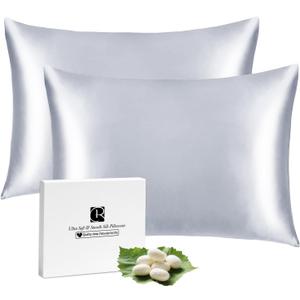 Silk Pillow Cases 2 Pack for Hair and Skin with Hidden Zipper, Ravmix Mulberry Silk Pillowcases Standard Size 20×26inches Set of 2 Silk Cooling Pillow Cases, Silver Grey