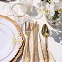 Nervure 175PCS White and Gold Plastic Plates - Disposable Dinnerware Set Include 50 Gold Plates for Dinner and Dessert, 75 Cutlery, 25Cups 25Napkins for Wedding & Party & Mothers Day